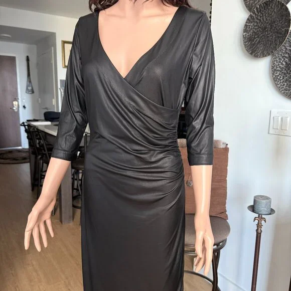 BETSEY JOHNSON | Black Vegan Liquid Leather Wrap Dress | Deep V Plunge | NWT | L - Picture 2 of 11